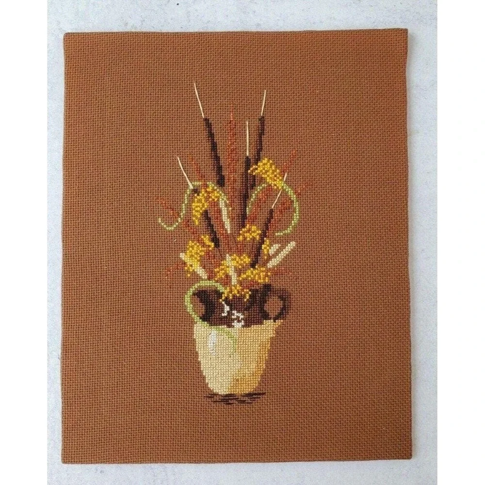 Vintage 1970s Hand Stitched Cross Stitch Needlepoint Wall Art Set of 3 Floral